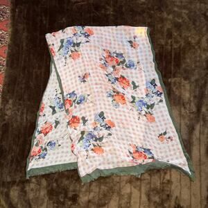 Floral Print on Pink Gingham, Green‎ Border Long Ultra Lightweight Scarf 26"x64"